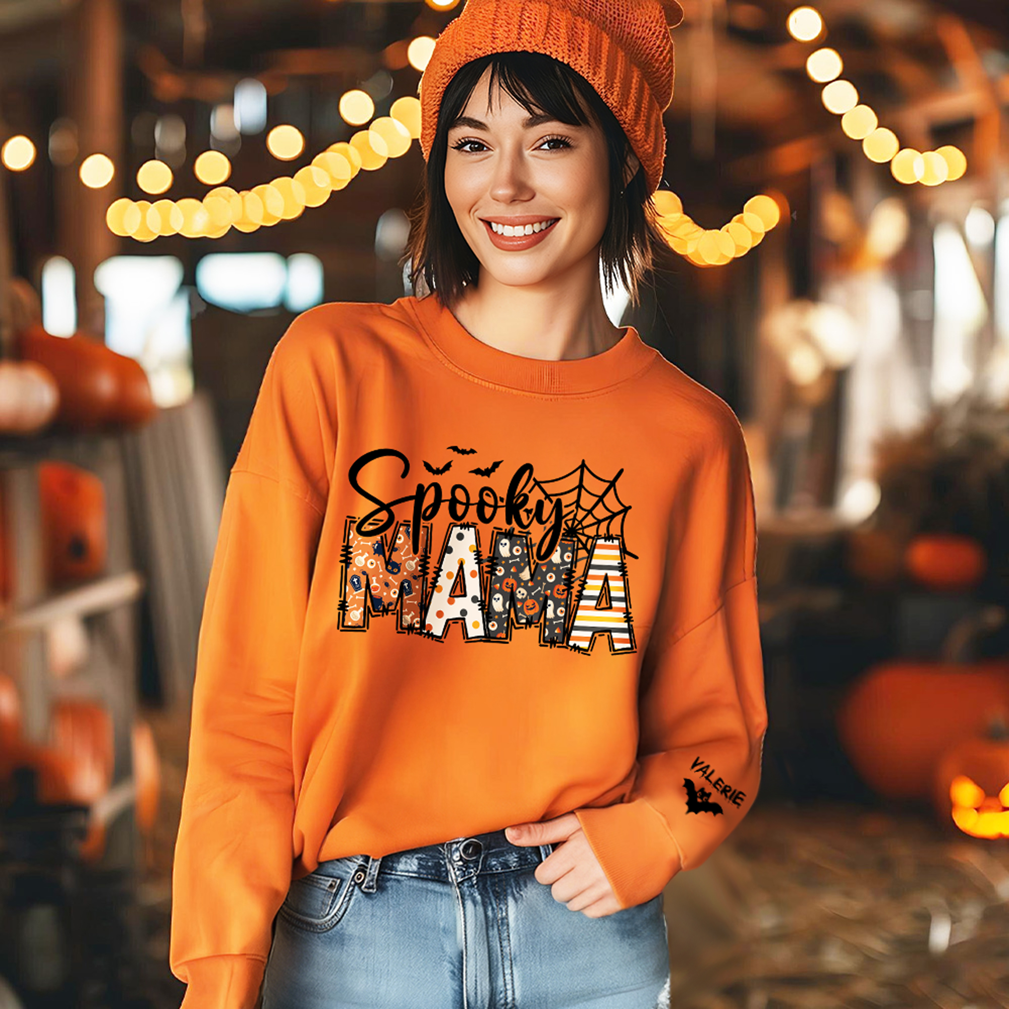 Personalized Spooky Mama Grandma Pumpkin Bat Design Crewneck Sweatshirt with 1-8 Names Halloween Costume Gift for Women
