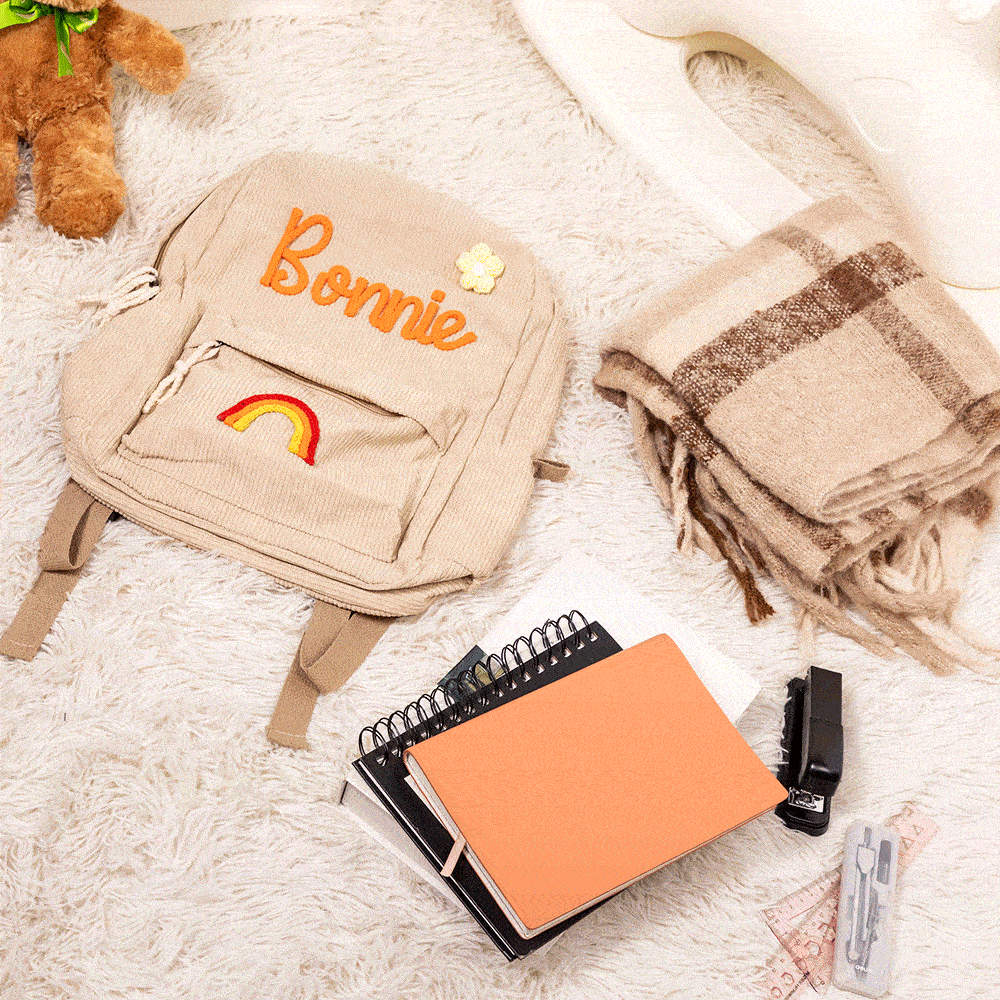 Personalized Braided Flower Rainbow Name Corduroy Kid Toddler Backpack for Preschool Kindergarten Birthday Back to School Gift for Boys Girls
