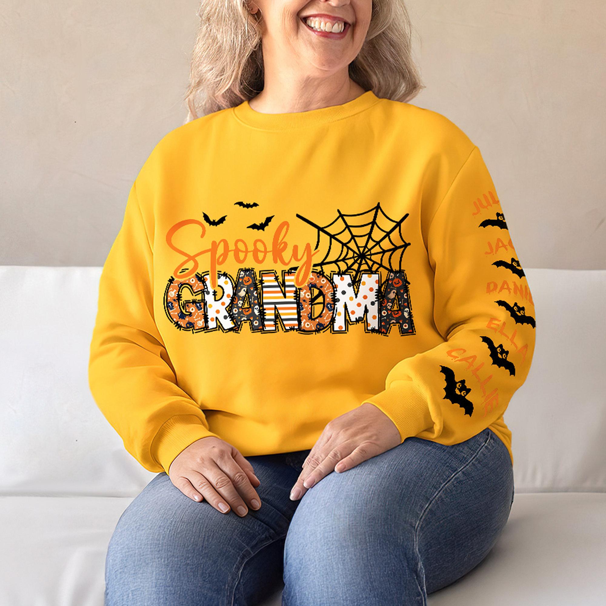 Personalized Spooky Mama Grandma Pumpkin Bat Design Crewneck Sweatshirt with 1-8 Names Halloween Costume Gift for Women
